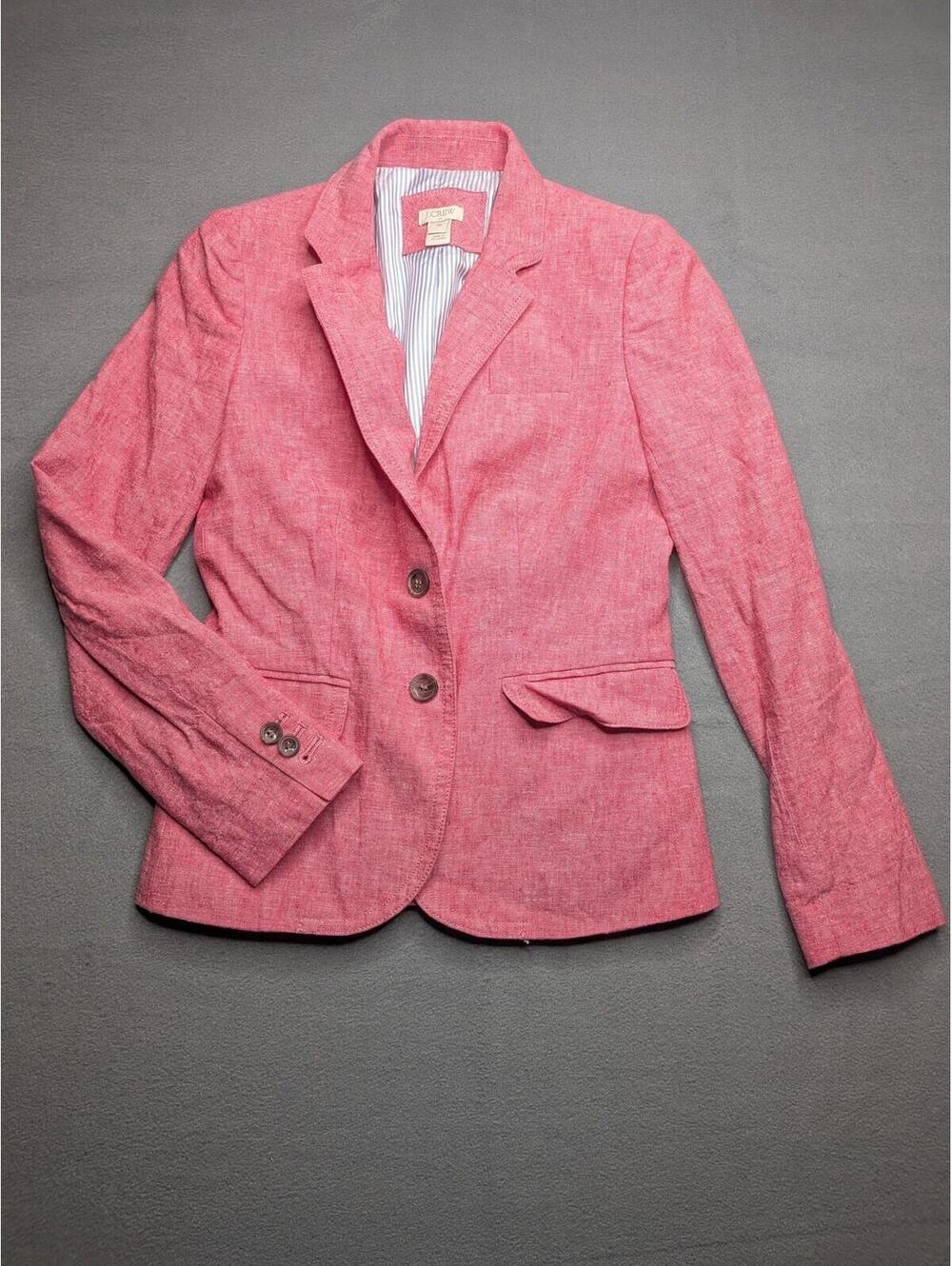 J.Crew Blazer Jacket Womens 00 Pink Linen Blend Lined Single Breasted Office